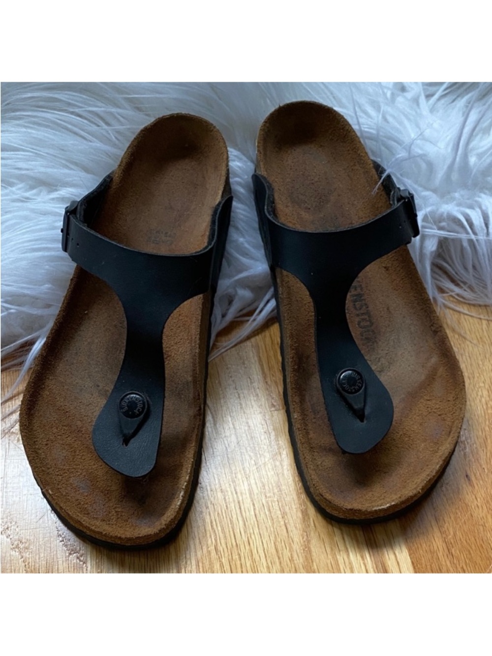 Birkenstock Black Gizeh Thong Sandals with Brown Suede Footbed EU 39